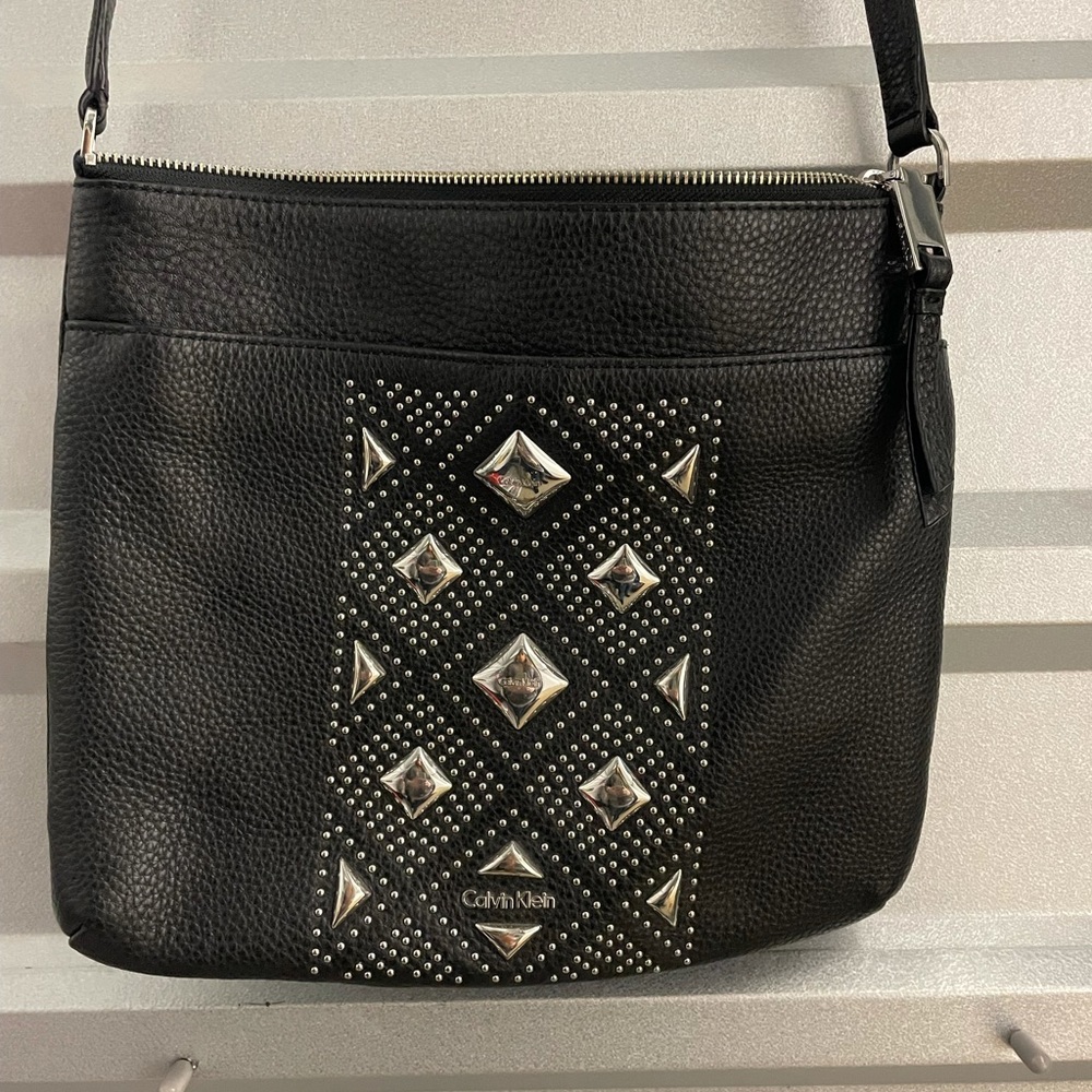 Calvin Klein Pebble Leather Shoulder Bag Stud Crossbody Black